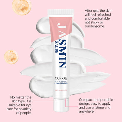 OUHOE Jasmine Eye Cream tube displayed with a creamy texture on a pink background