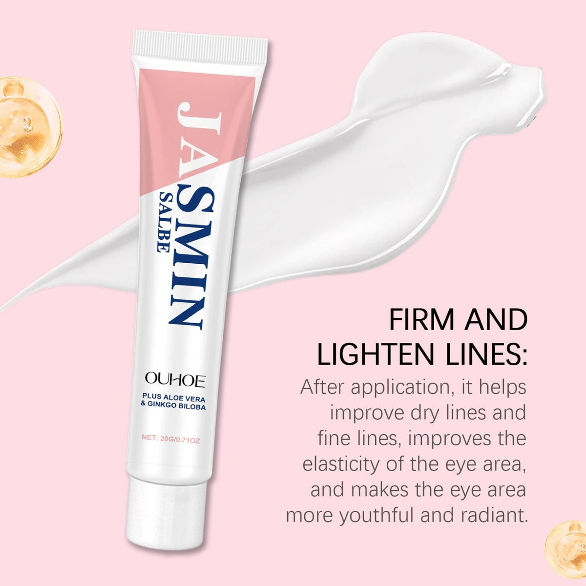 OUHOE Jasmine Eye Cream tube with a cream swatch and fine-line care messaging