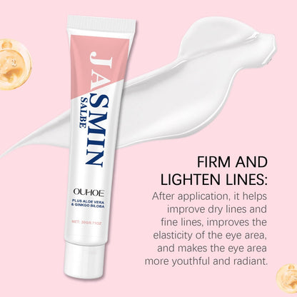 OUHOE Jasmine Eye Cream tube with a cream swatch and fine-line care messaging
