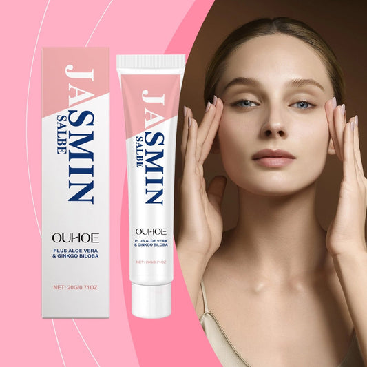 OUHOE Jasmine Eye Cream tube and box beside a model demonstrating an eye care routine