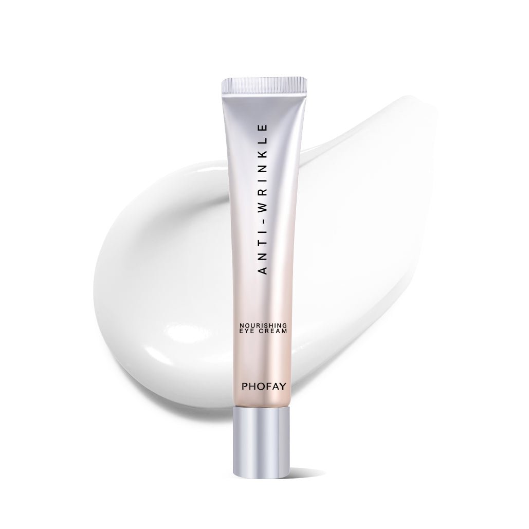 PHOFAY nourishing eye cream tube displayed upright beside a white cream texture swatch