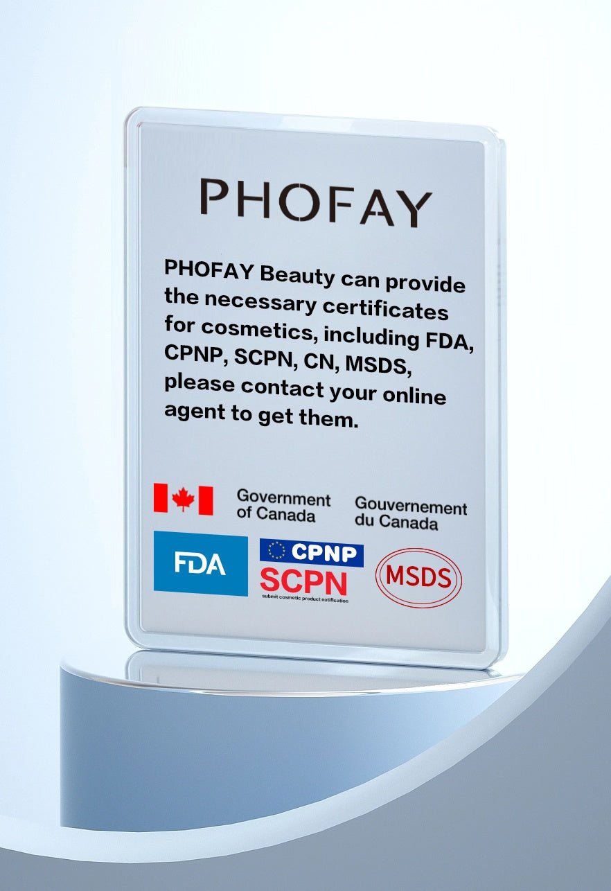 PHOFAY cosmetics certification information displayed on a product graphic