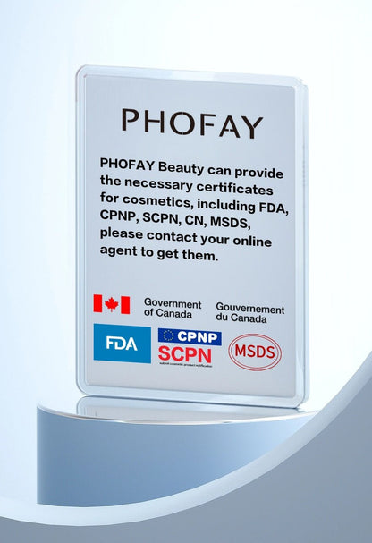 PHOFAY cosmetics certification information displayed on a product graphic