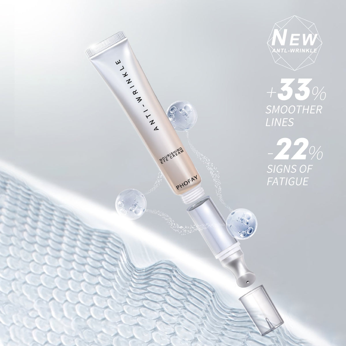 PHOFAY eye cream tube and vibrating applicator components displayed in an exploded product illustration