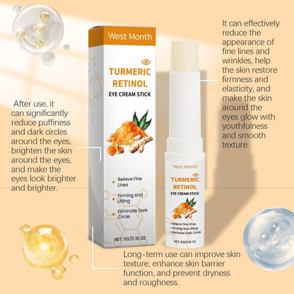 West Month turmeric retinol eye cream stick in 5 g packaging with claims about moisturizing, firming, and reducing the appearance of fine lines