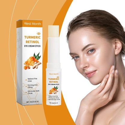 West Month turmeric retinol eye cream stick and packaging displayed beside a woman with smooth-looking skin