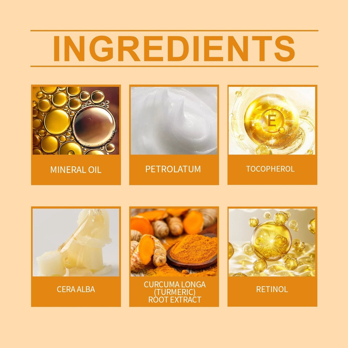 West Month turmeric retinol eye cream stick ingredient graphic featuring mineral oil, petrolatum, tocopherol, beeswax, turmeric root extract, and retinol