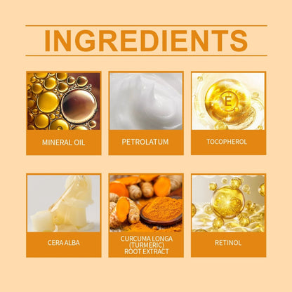 West Month turmeric retinol eye cream stick ingredient graphic featuring mineral oil, petrolatum, tocopherol, beeswax, turmeric root extract, and retinol