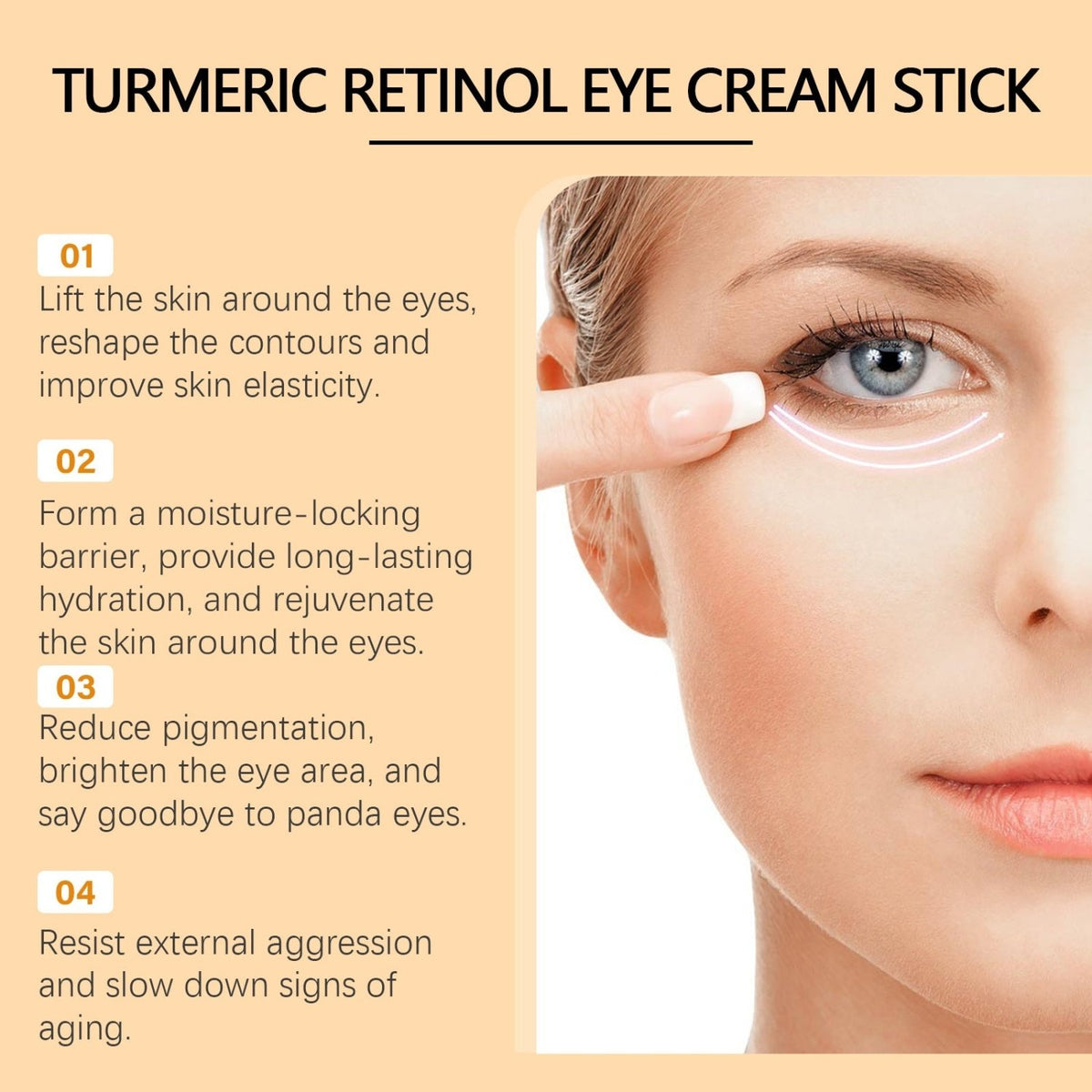 Turmeric retinol eye cream stick benefits graphic highlighting the appearance of firmer skin, improved moisture, brighter-looking eyes, and smoother-looking skin