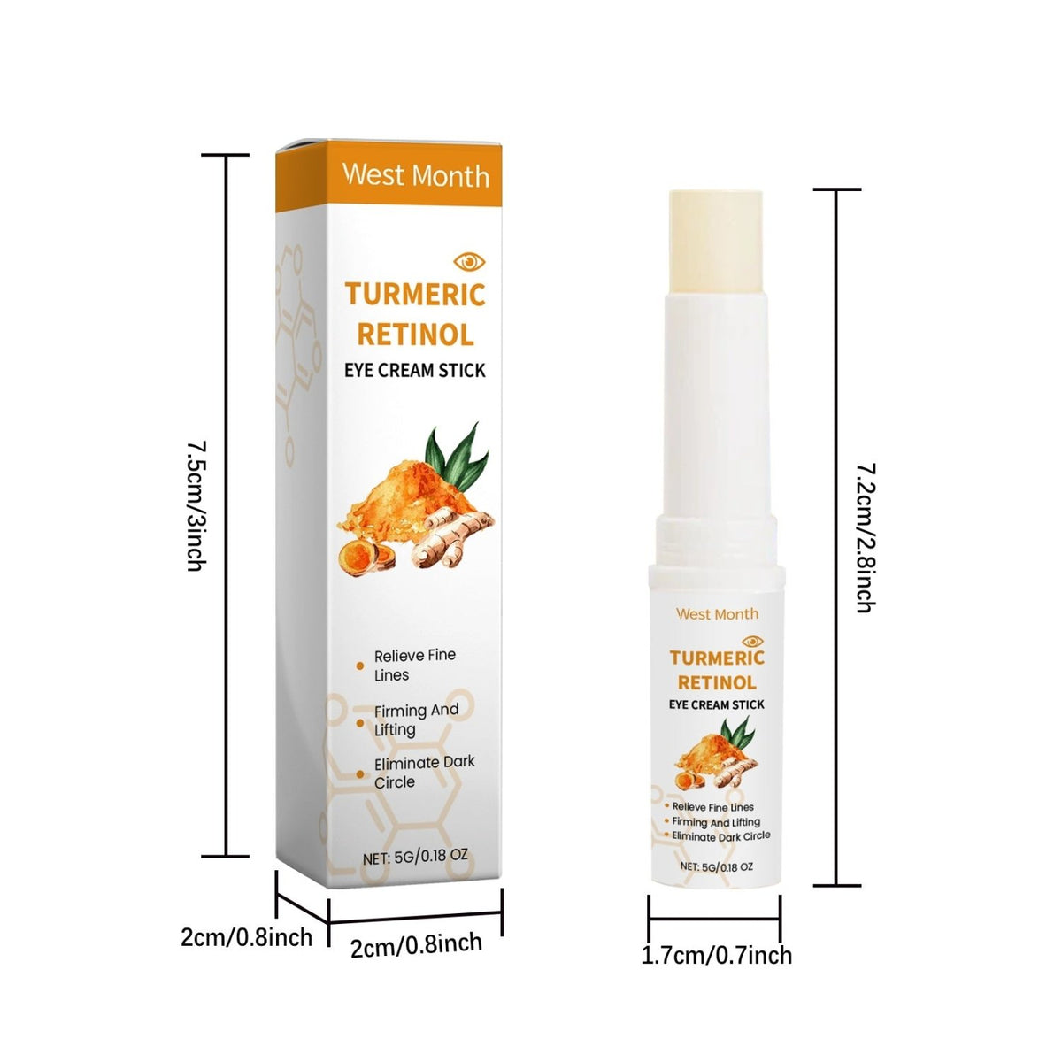 West Month turmeric retinol eye cream stick dimensions showing 7.2 cm product height and 7.5 cm box height