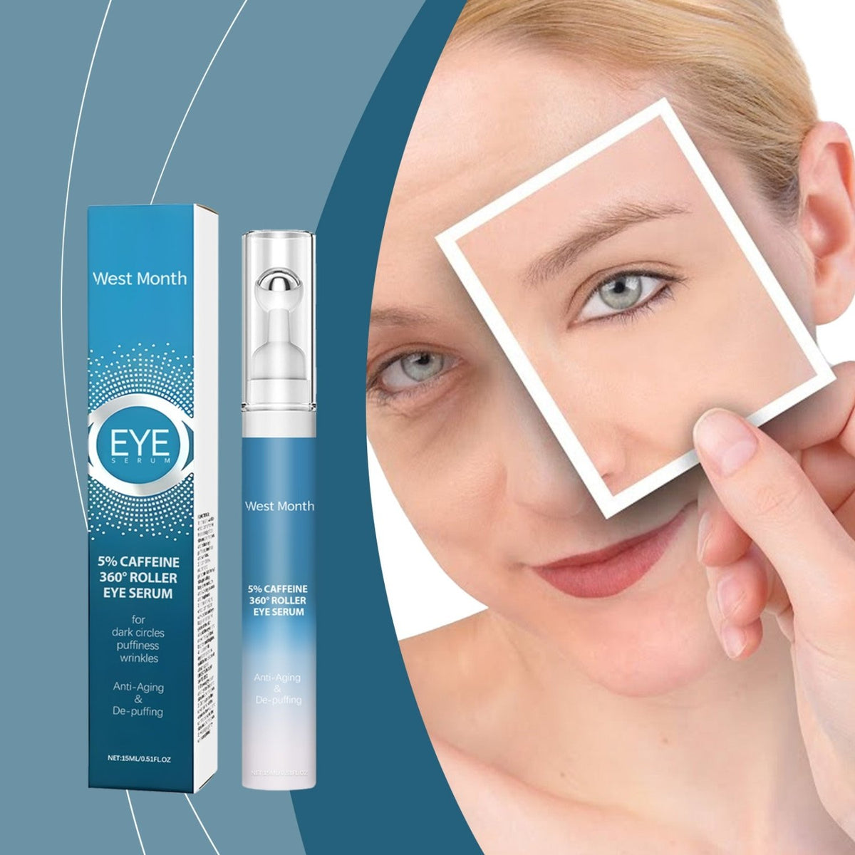West Month caffeine roller eye serum with model showing the under-eye application area