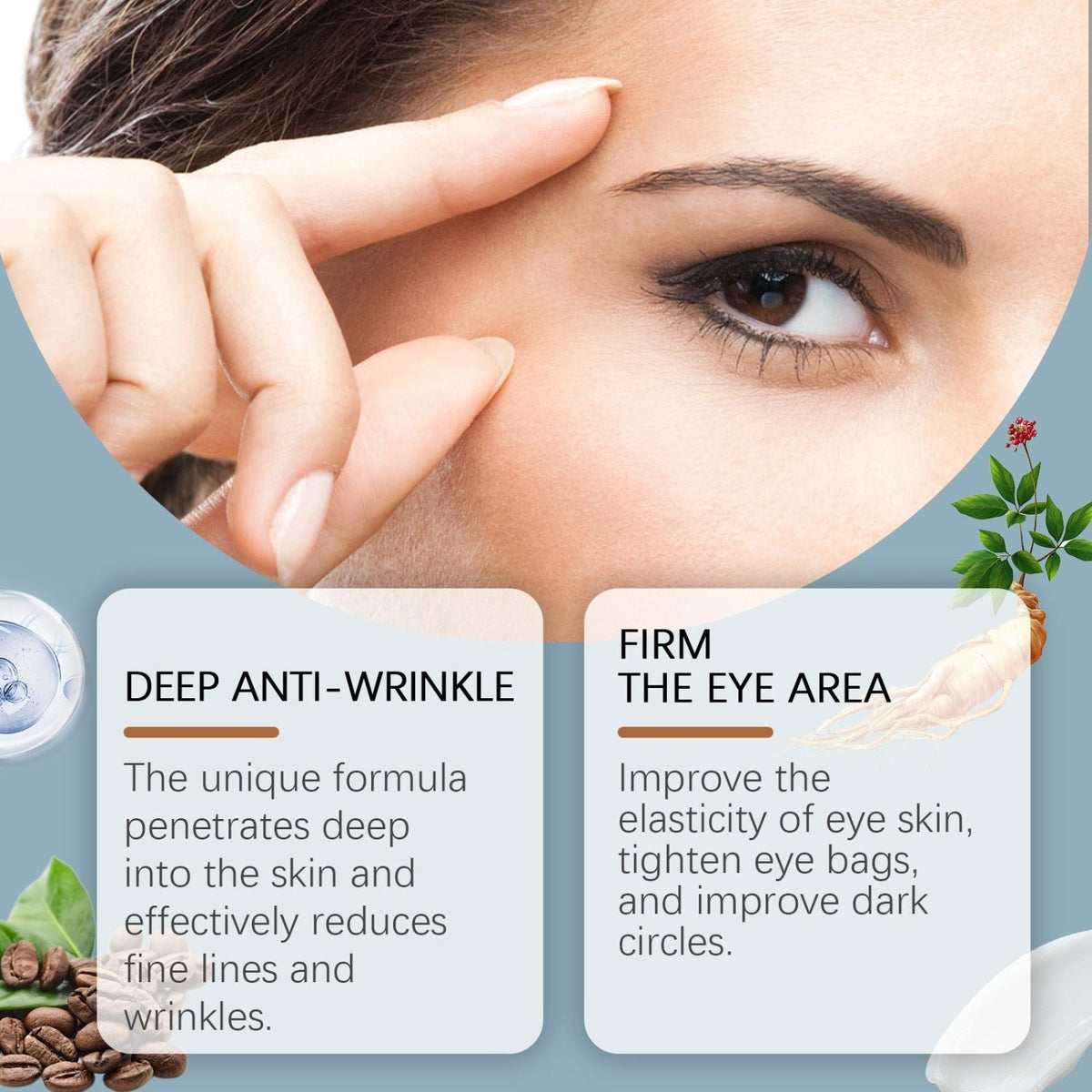 West Month caffeine eye serum promotional graphic highlighting eye-area care and the appearance of fine lines
